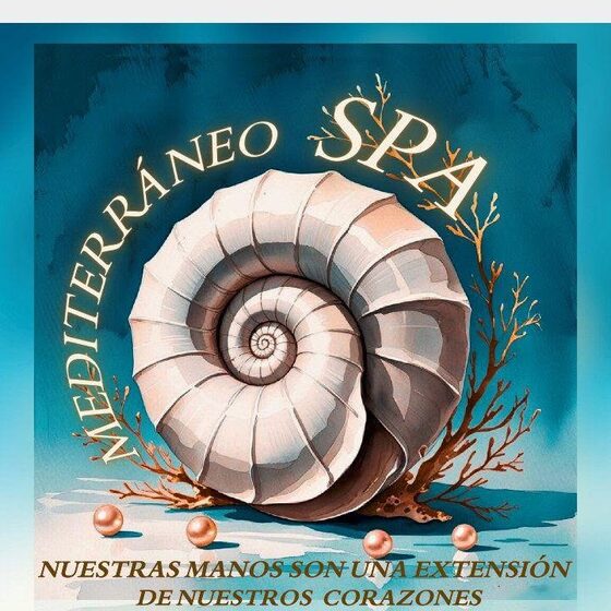 Mediterráneo Spa — logotipo: caracola sobre el mar con perlas y coral